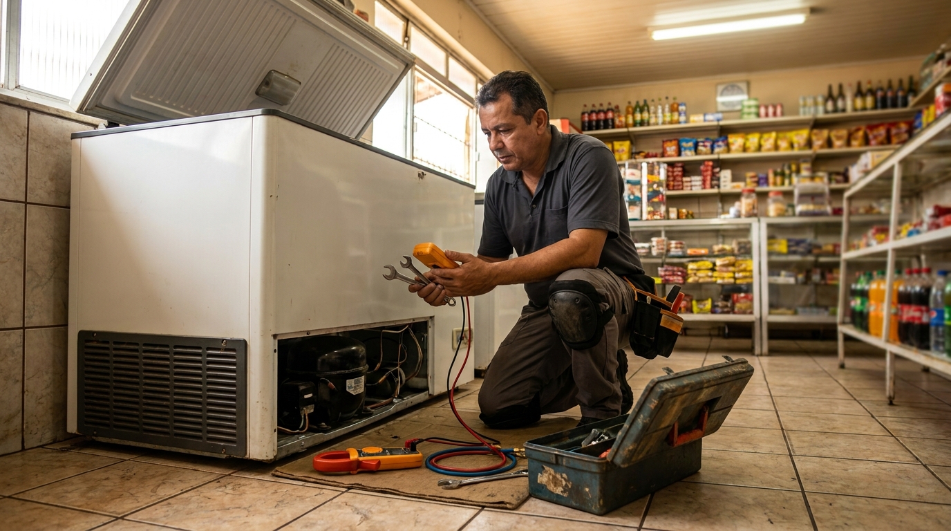 Técnico realizando manutenção de motor de freezer em Contagem‑MG