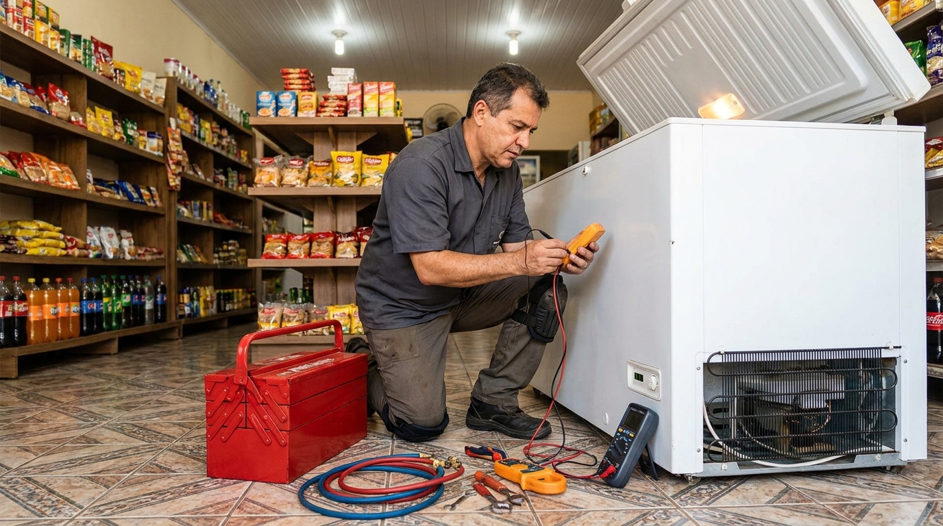 Recarga de gás refrigerante em freezer em atendimento em Contagem‑MG