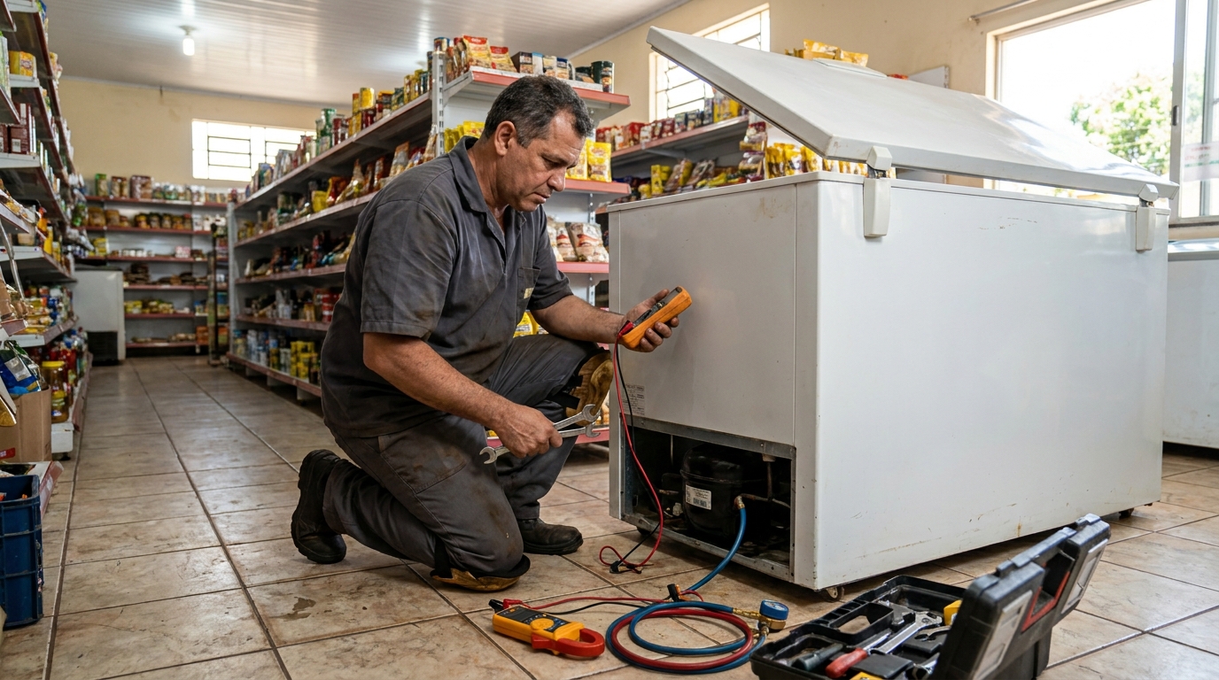Troca de termostato de freezer em atendimento técnico em Contagem‑MG